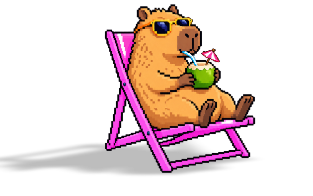 Capivara Sara de óculos escuros, relaxando em uma cadeira de praia e bebendo água de coco