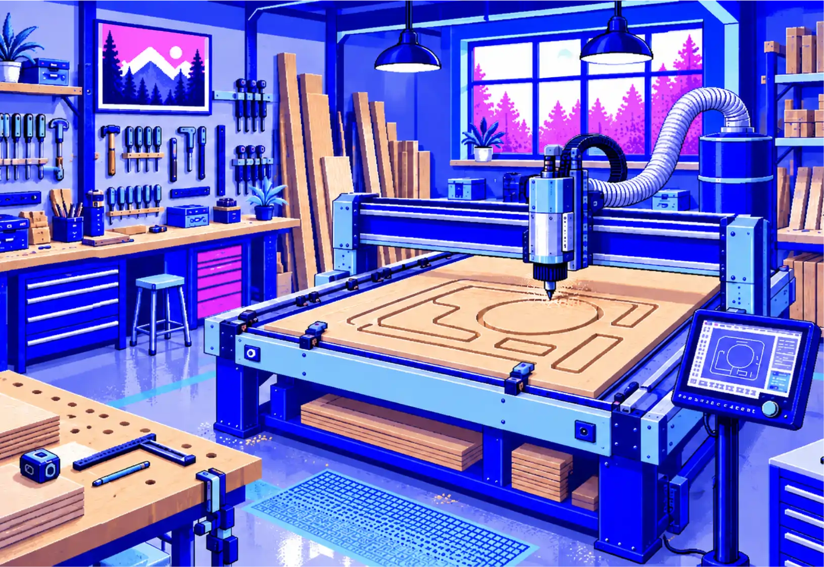 Marcenaria em tons de azul e rosa, com ferramentas, painéis de madeira e uma máquina CNC